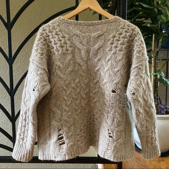 Free People Distressed Tan Beige Cable Knit Alpaca Wool Blend Sweater M - Picture 6 of 8